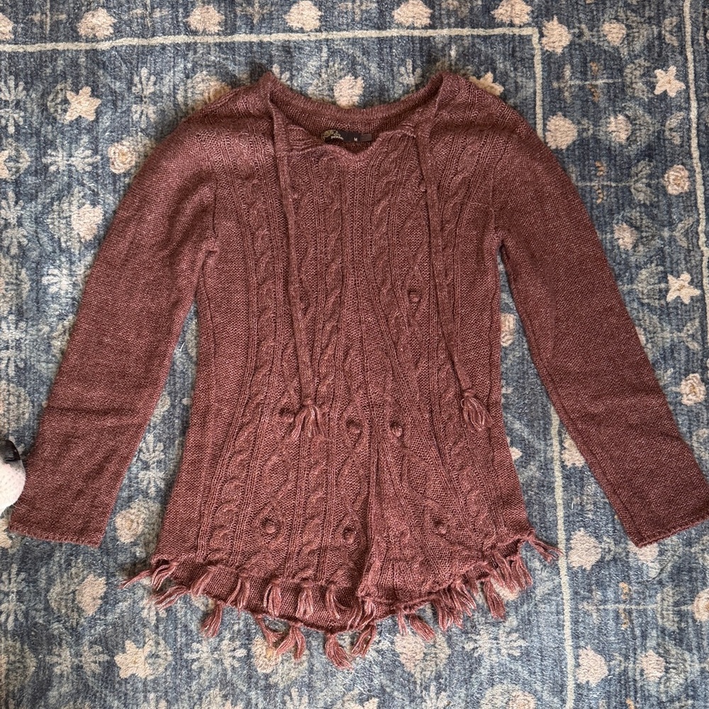 Prana Cable Knit Fringe Tunic Sweater | Women’s M | Light Burgundy
